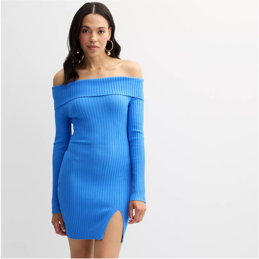 NWT Juniors Madden Girl Blue Rib-Knit Off-Shoulder Bodycon Mini Dress